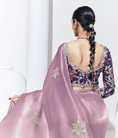 Lavender Glass Tissue & organza Sequnis & Dhaga Embroidered Designer Sangeet Saree