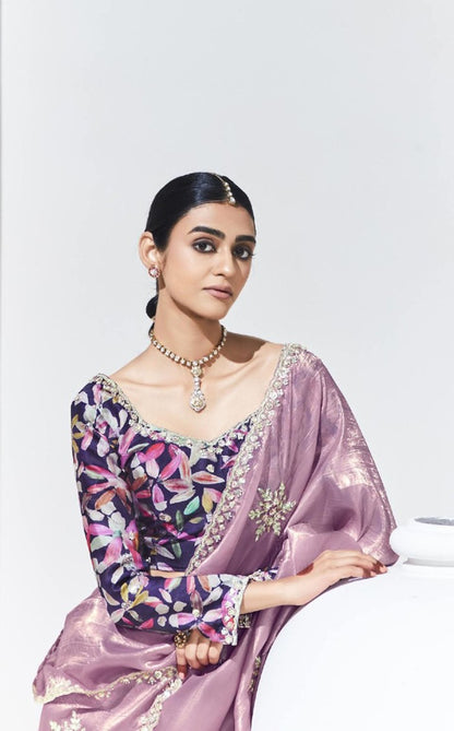 Lavender Glass Tissue & organza Sequnis & Dhaga Embroidered Designer Sangeet Saree