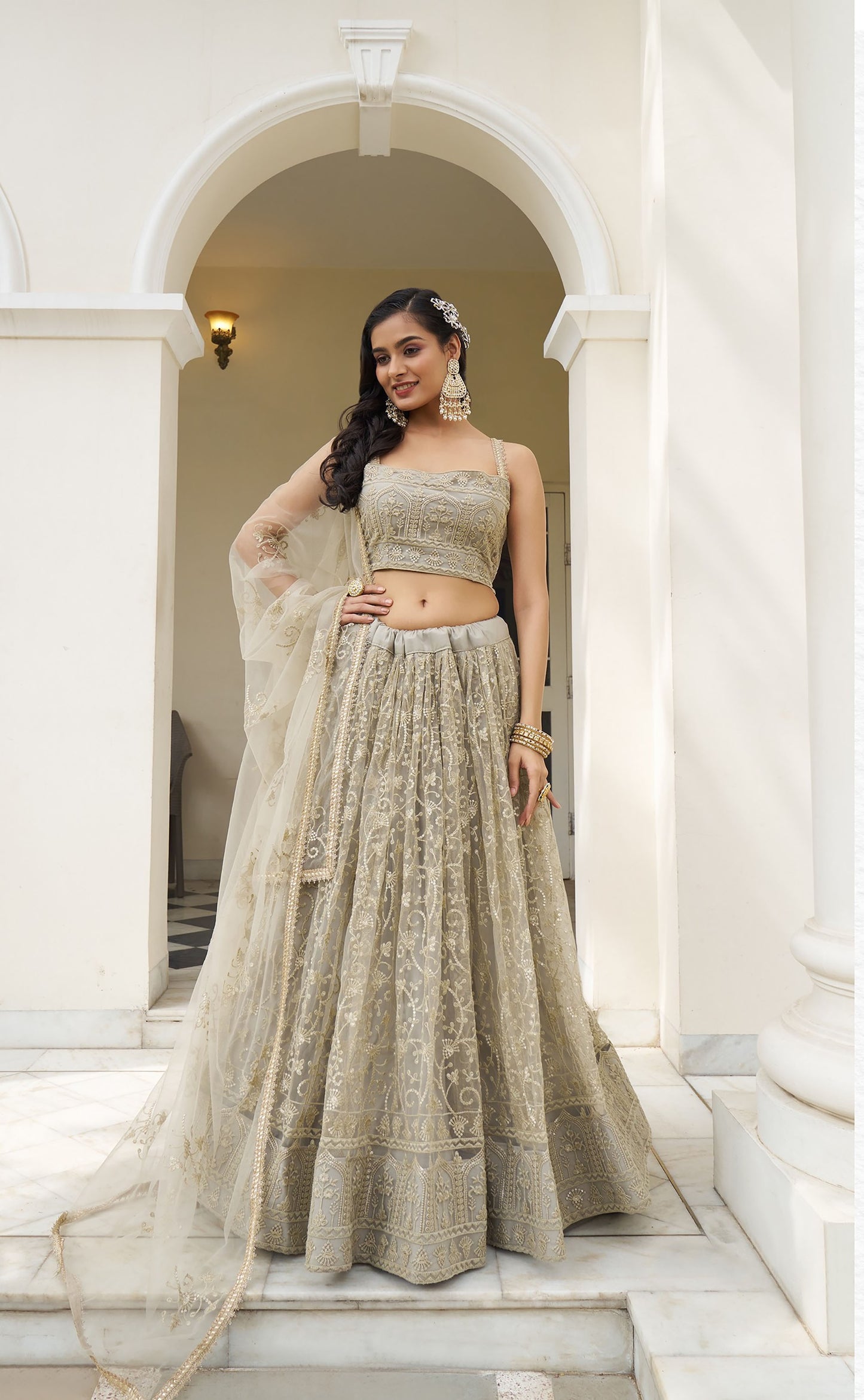 Ivory Butterfly Net Thread & Sequins Embroidered Bridesmaid Lehenga
