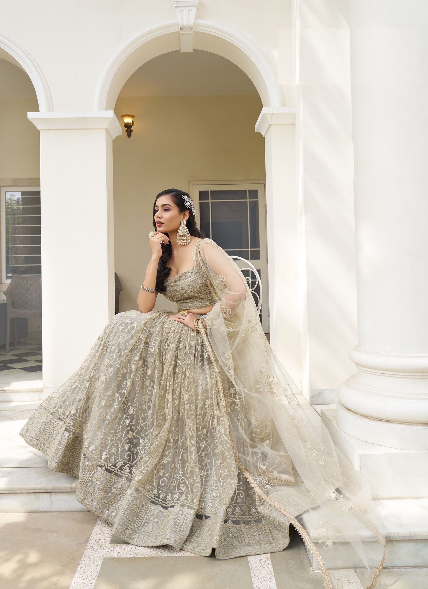 Ivory Butterfly Net Thread & Sequins Embroidered Bridesmaid Lehenga