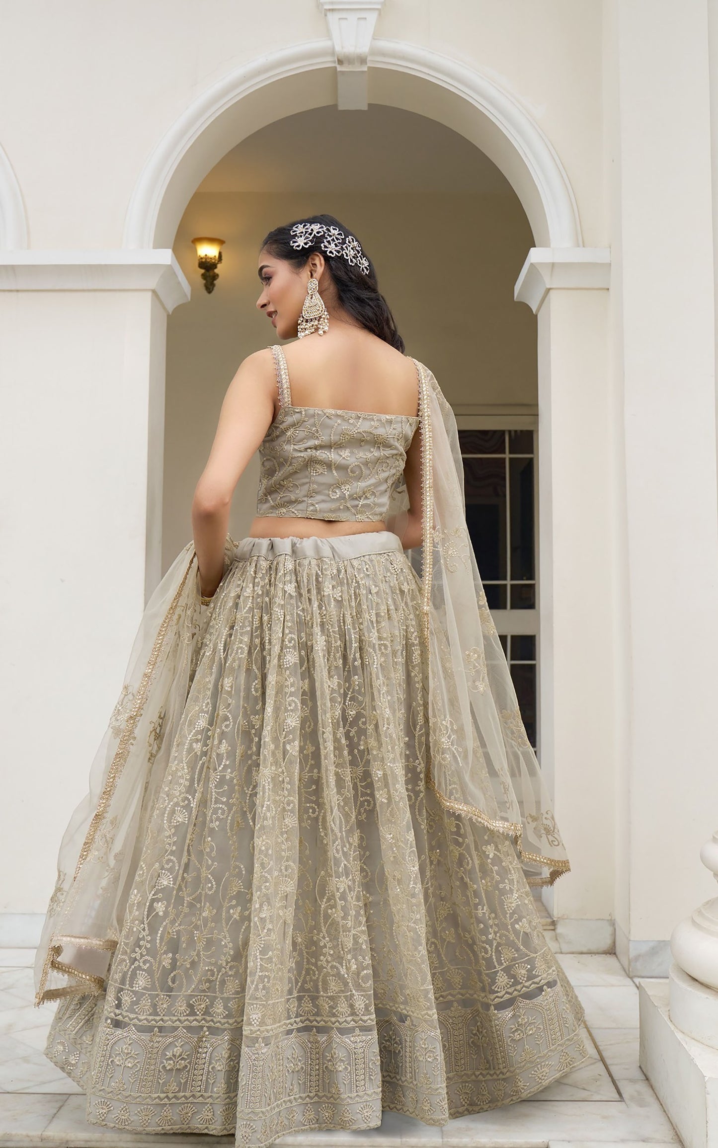 Ivory Butterfly Net Thread & Sequins Embroidered Bridesmaid Lehenga