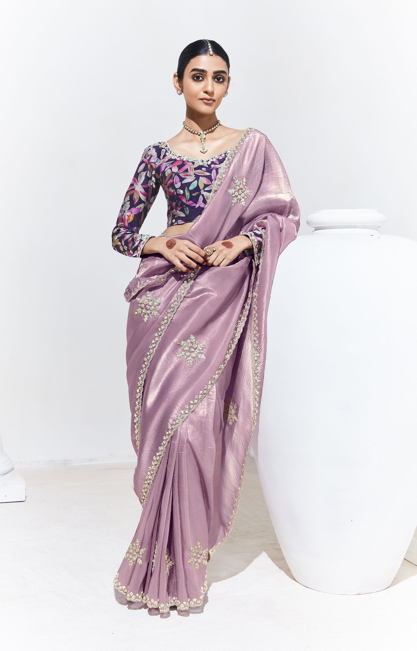 Lavender Glass Tissue & organza Sequnis & Dhaga Embroidered Designer Sangeet Saree
