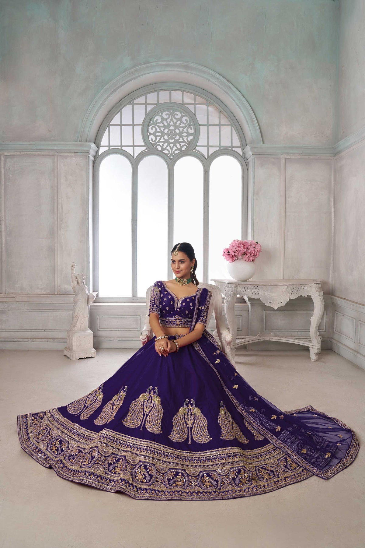 Purple Silk Peacock Motifs & Pearl Work Bridal Lehenga