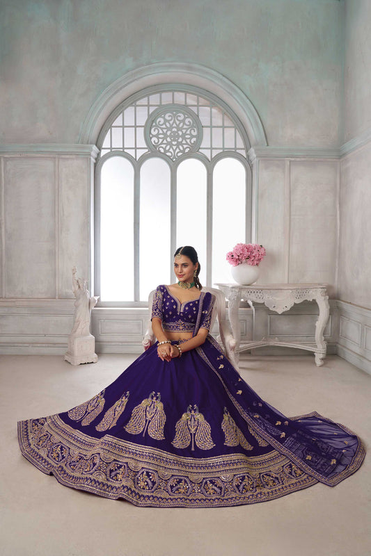 Purple Silk Peacock Motifs & Pearl Work Bridal Lehenga
