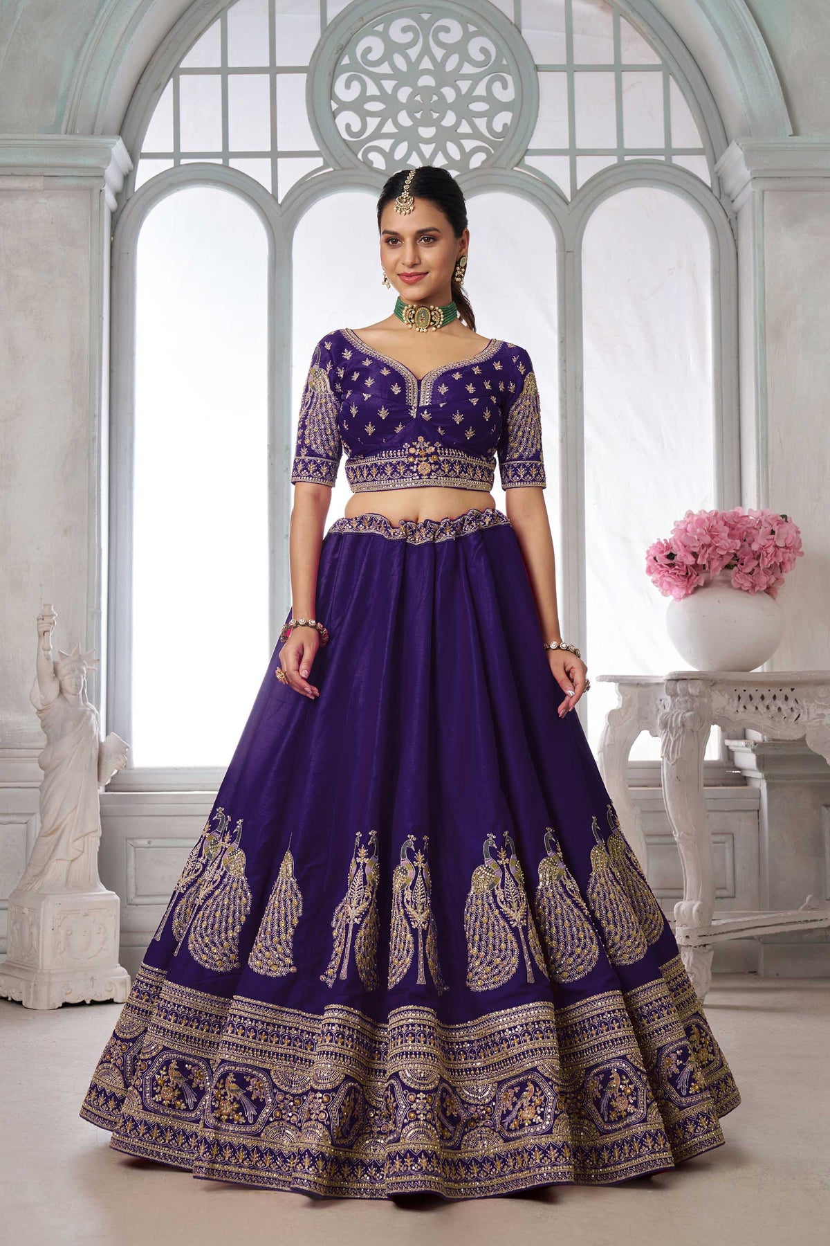 Purple Silk Peacock Motifs & Pearl Work Bridal Lehenga