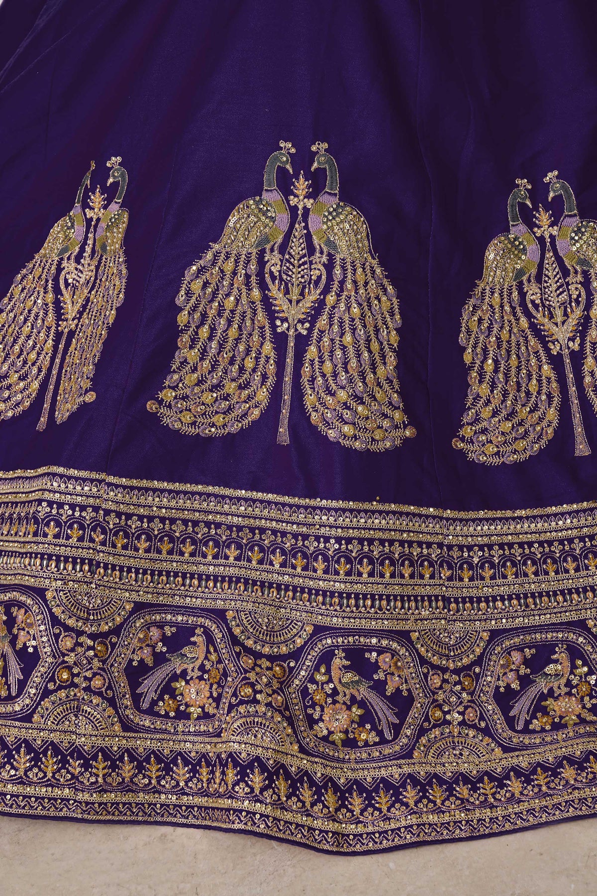Purple Silk Peacock Motifs & Pearl Work Bridal Lehenga