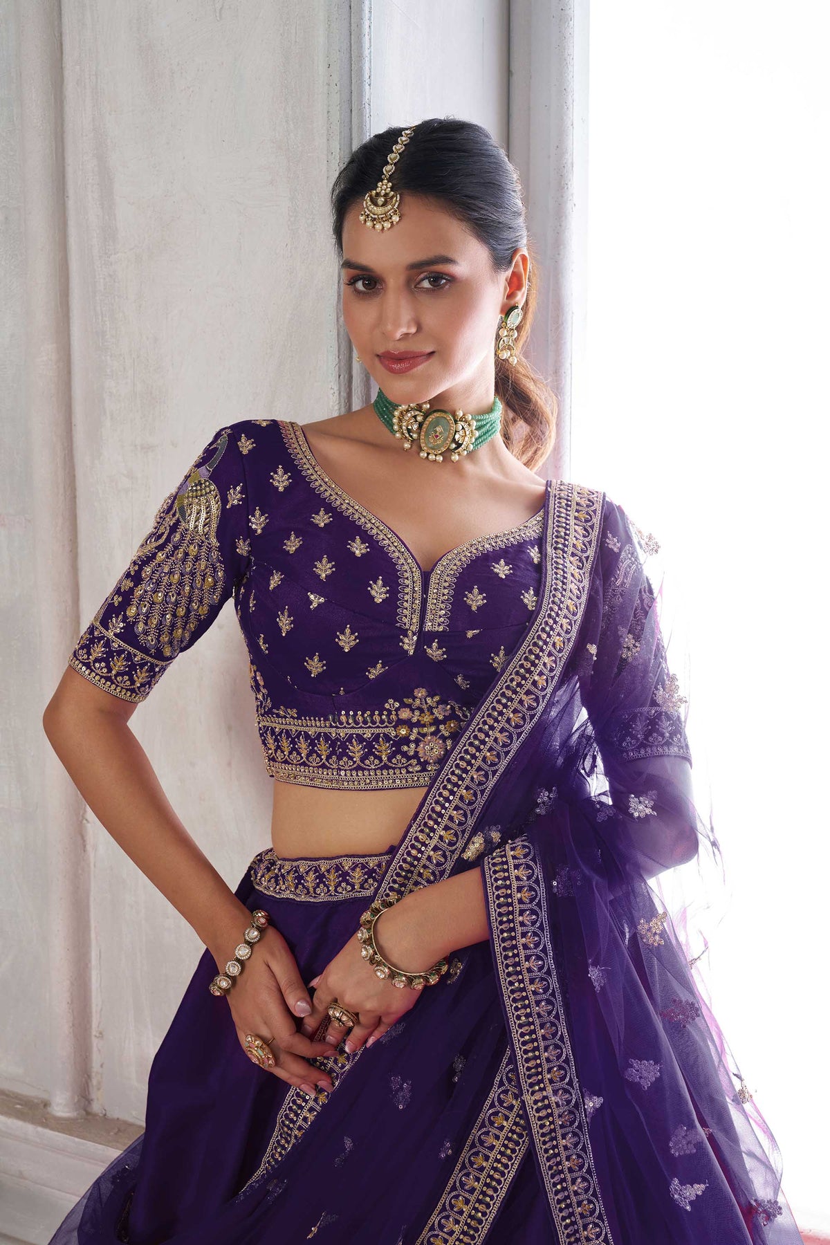 Purple Silk Peacock Motifs & Pearl Work Bridal Lehenga