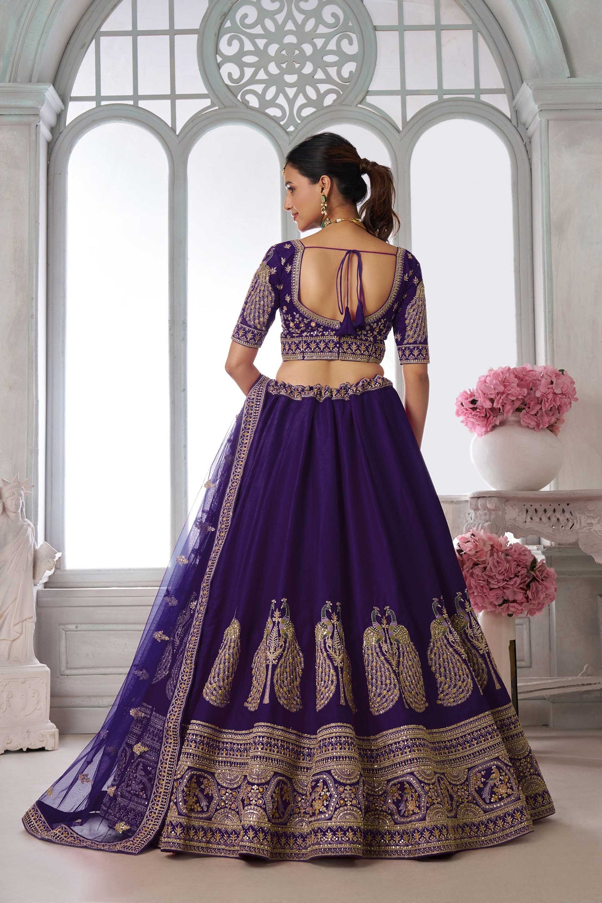 Purple Silk Peacock Motifs & Pearl Work Bridal Lehenga