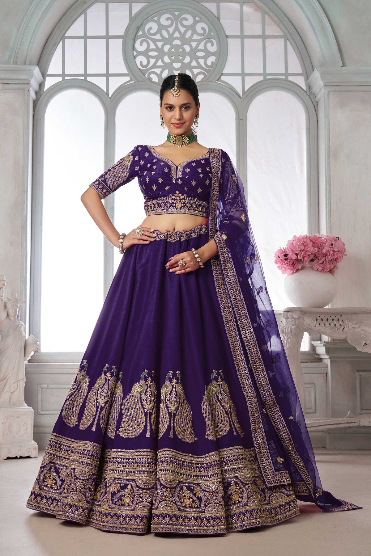 Purple Silk Peacock Motifs & Pearl Work Bridal Lehenga