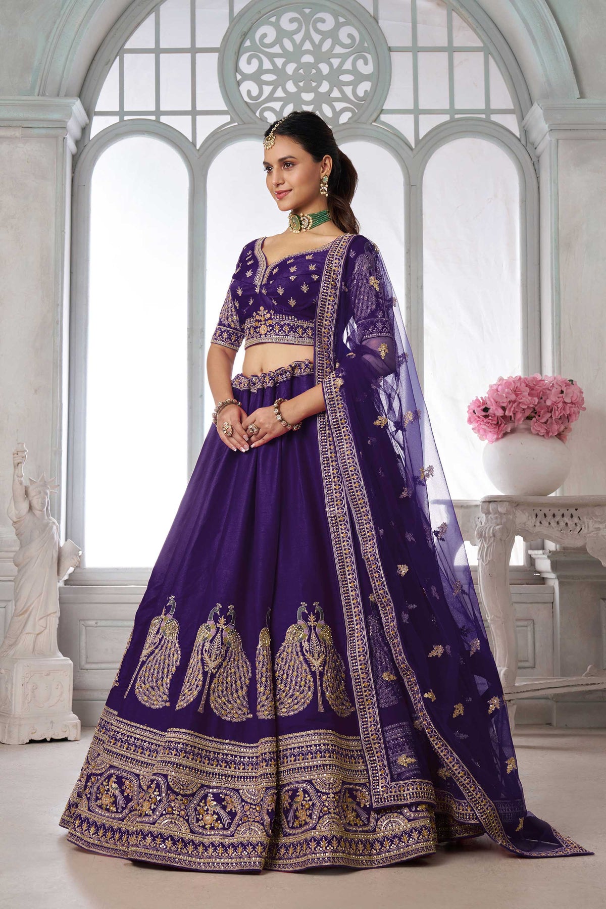 Purple Silk Peacock Motifs & Pearl Work Bridal Lehenga