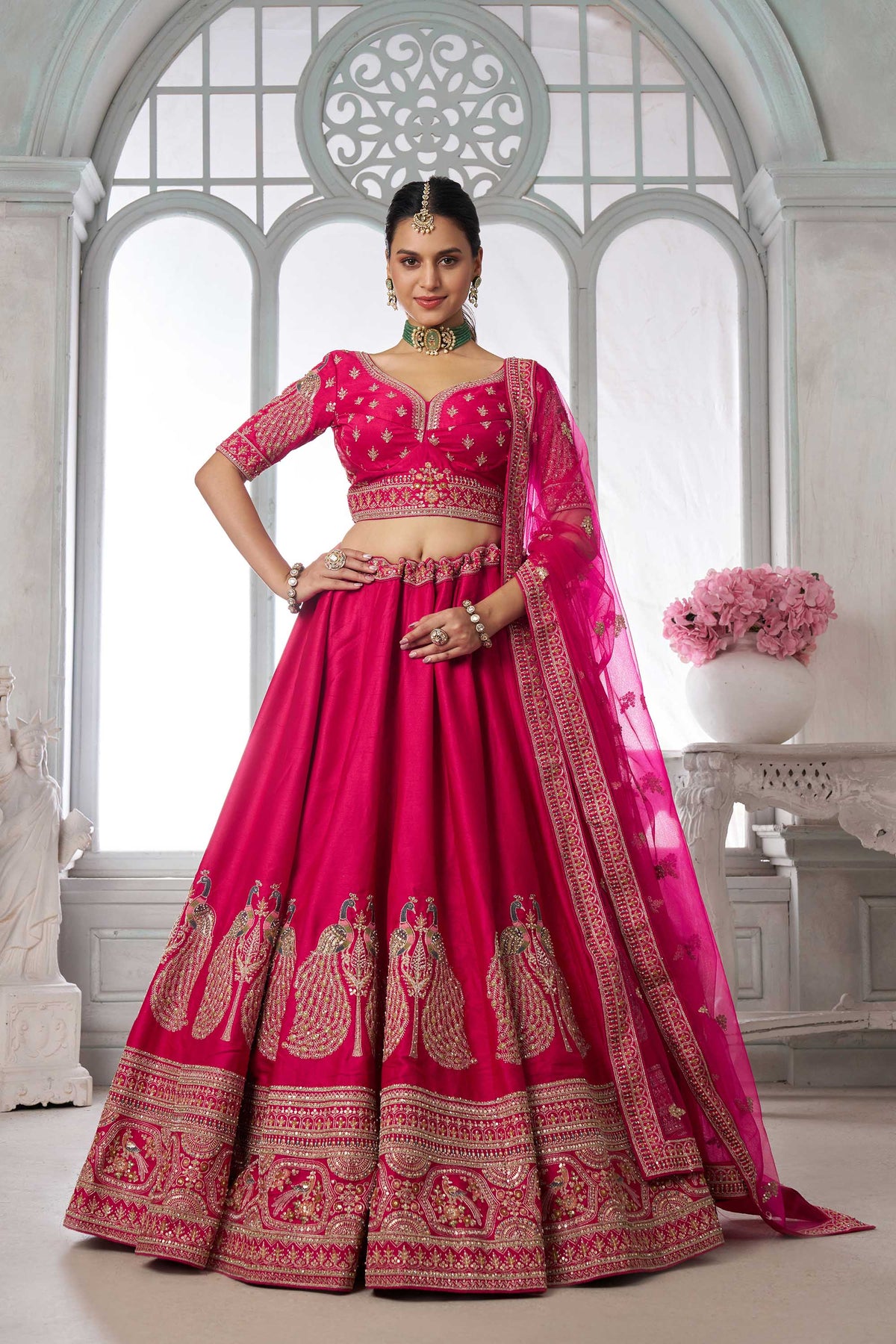 Rani Pink Silk Peacock Motifs & Pearl Work Bridesmaid Lehenga for Wedding