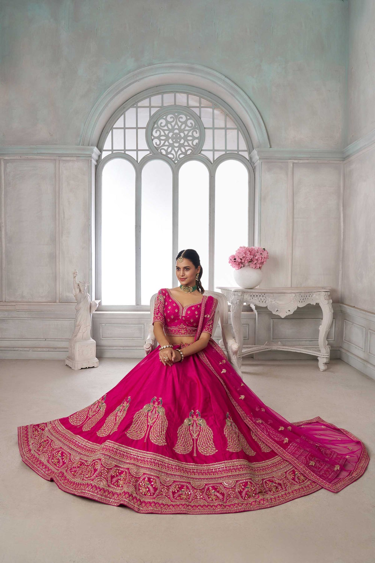 Rani Pink Silk Peacock Motifs & Pearl Work Bridesmaid Lehenga for Wedding