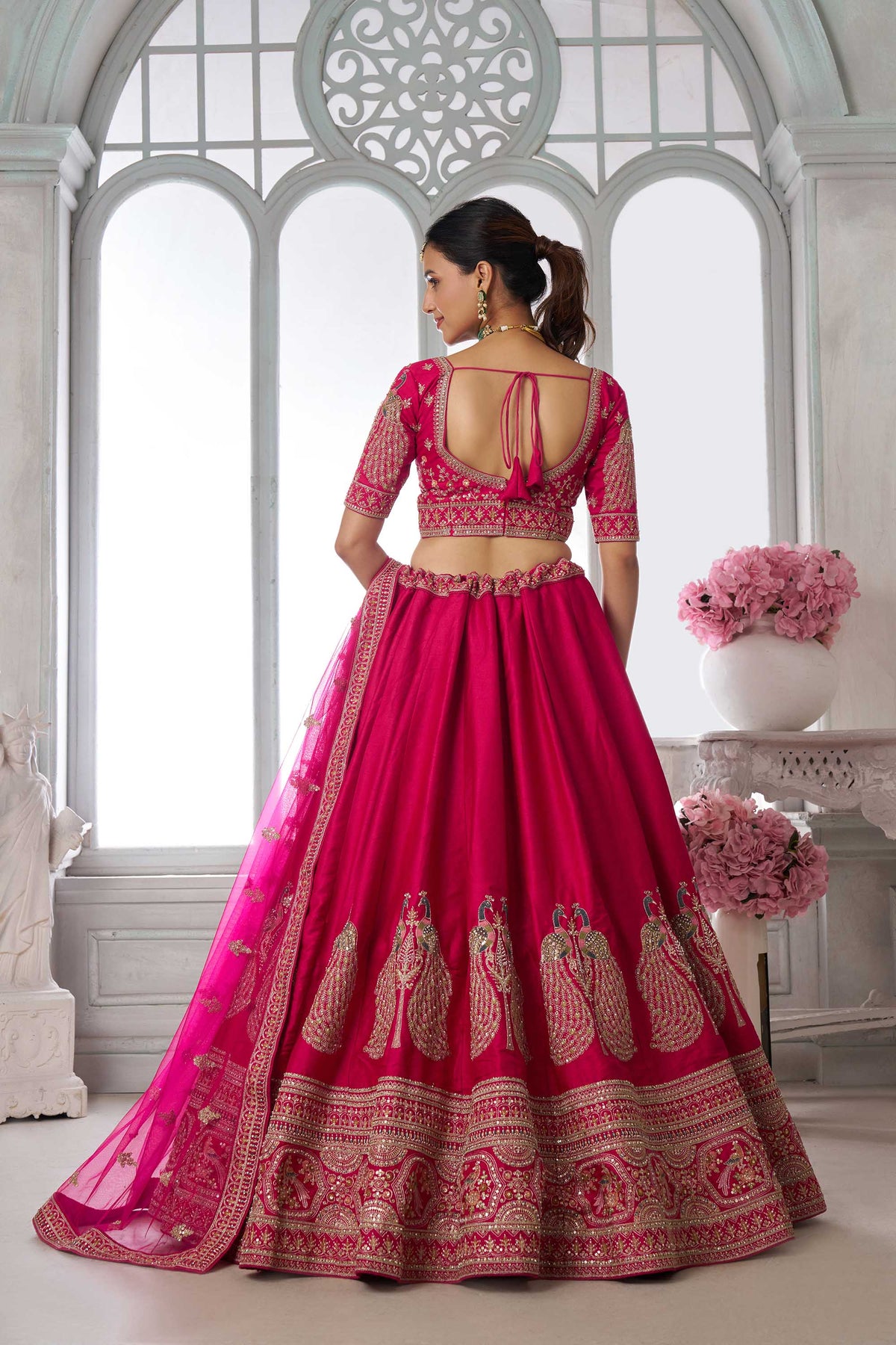 Rani Pink Silk Peacock Motifs & Pearl Work Bridesmaid Lehenga for Wedding