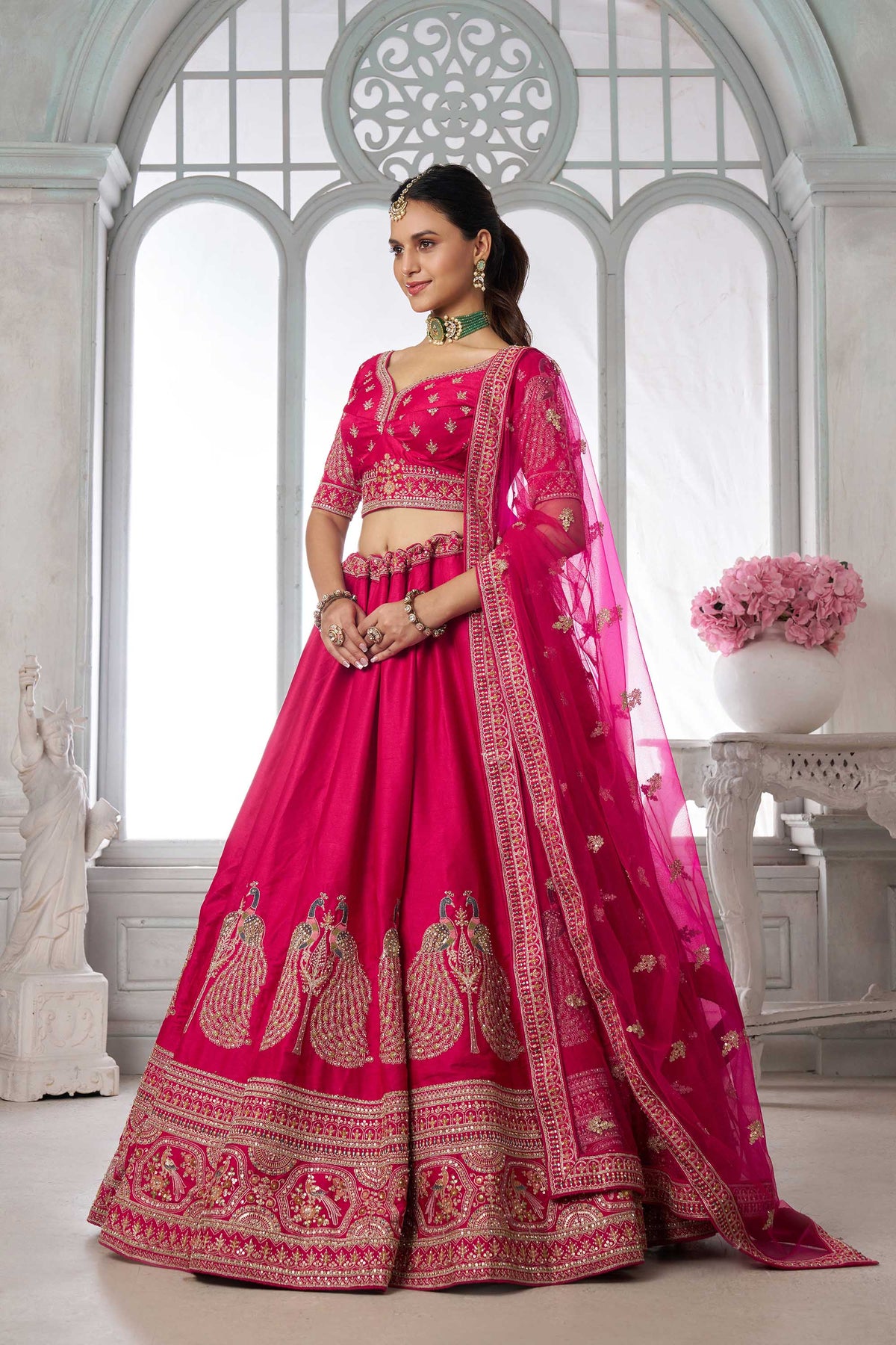 Rani Pink Silk Peacock Motifs & Pearl Work Bridesmaid Lehenga for Wedding