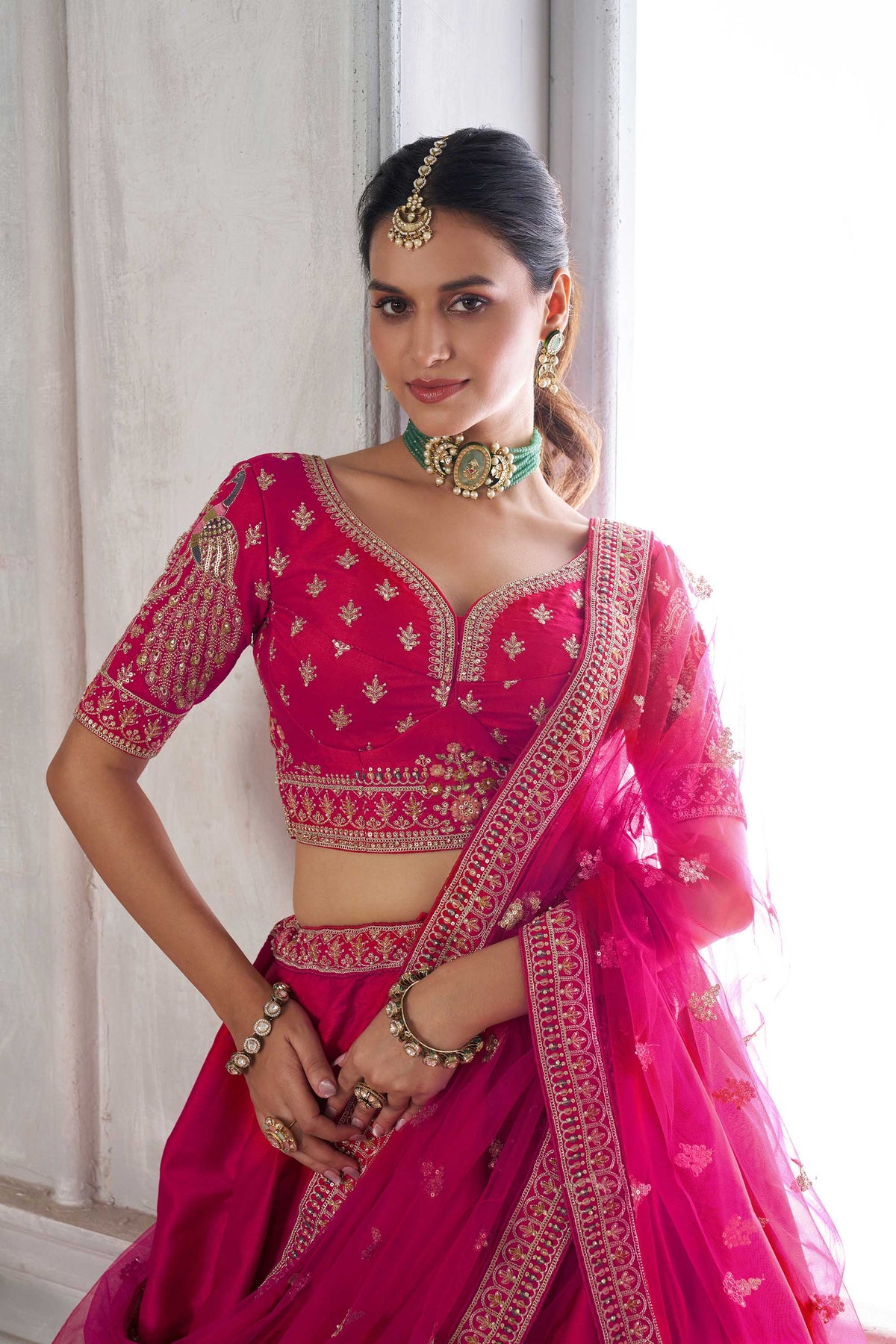 Rani Pink Silk Peacock Motifs & Pearl Work Bridesmaid Lehenga for Wedding