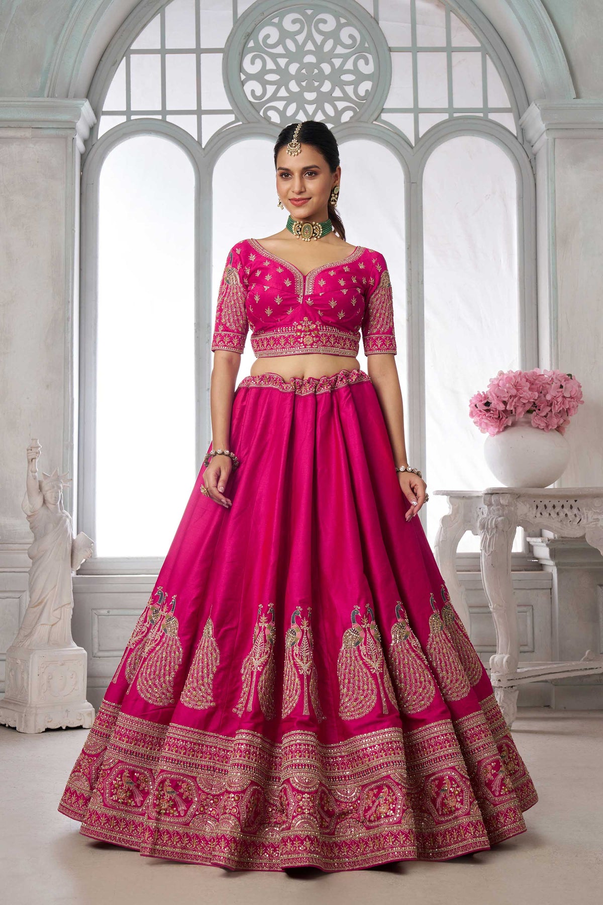 Rani Pink Silk Peacock Motifs & Pearl Work Bridesmaid Lehenga for Wedding