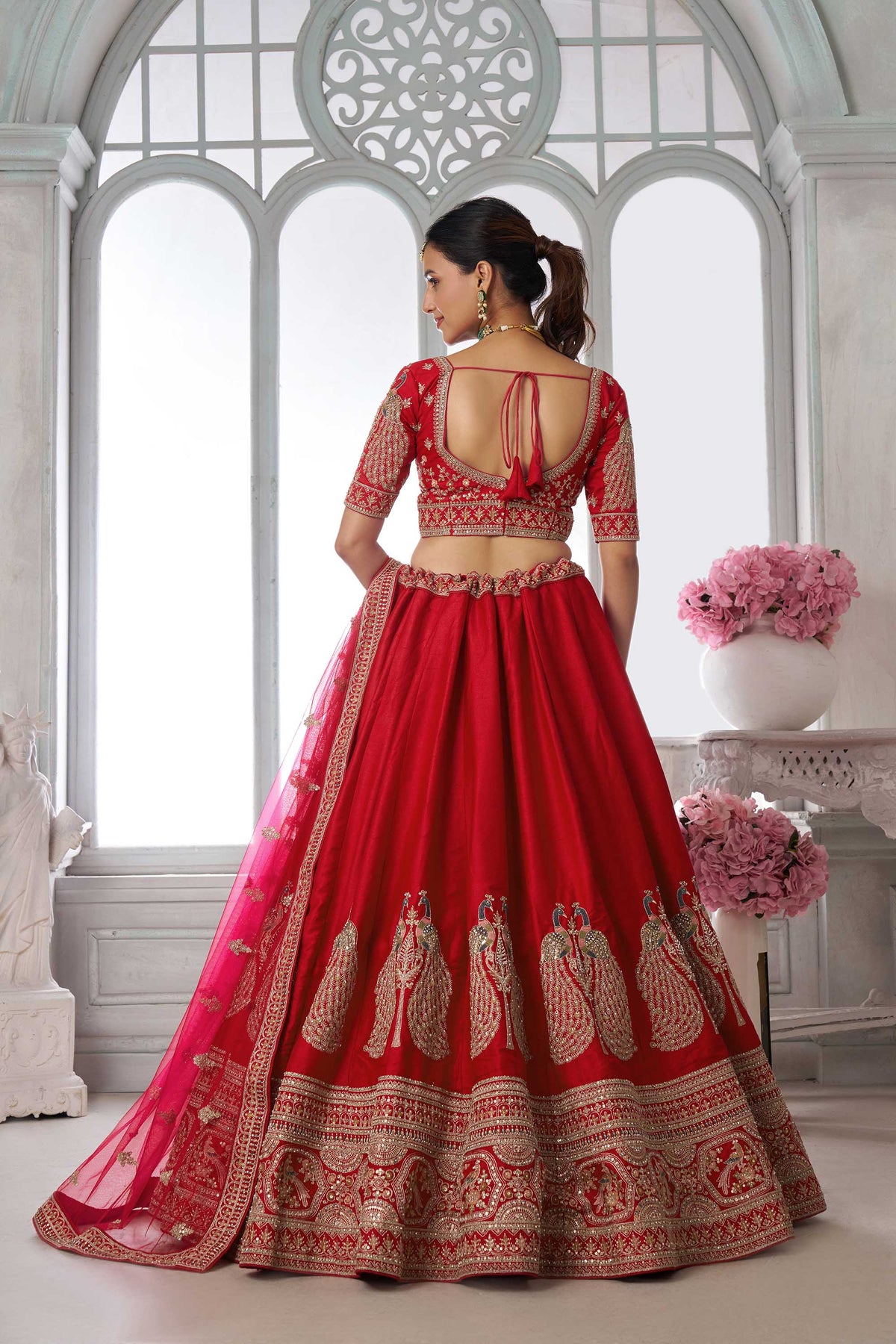 Red Silk Peacock Motifs & Pearl Work Bridal Lehenga
