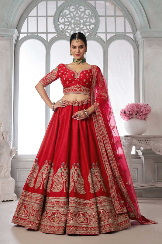 Red Silk Peacock Motifs & Pearl Work Bridal Lehenga