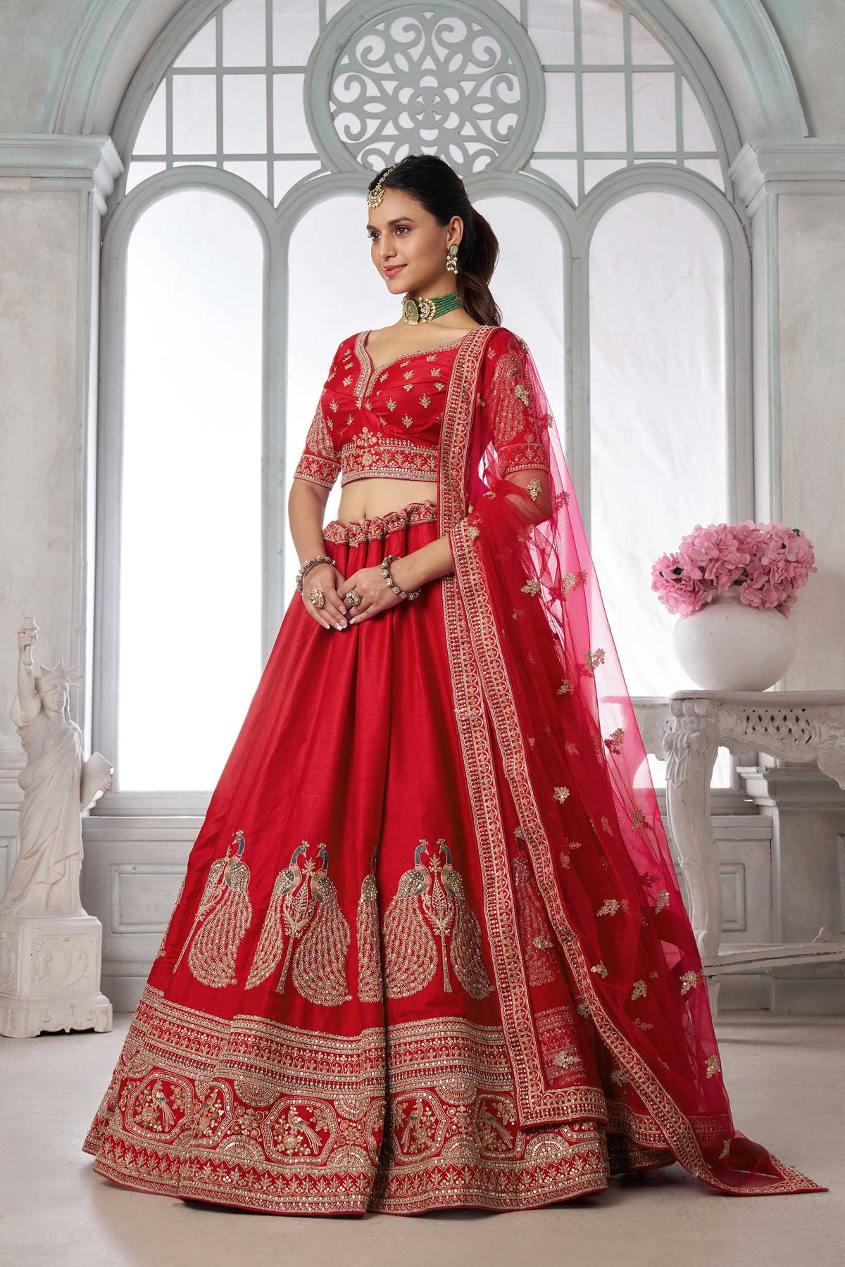 Red Silk Peacock Motifs & Pearl Work Bridal Lehenga