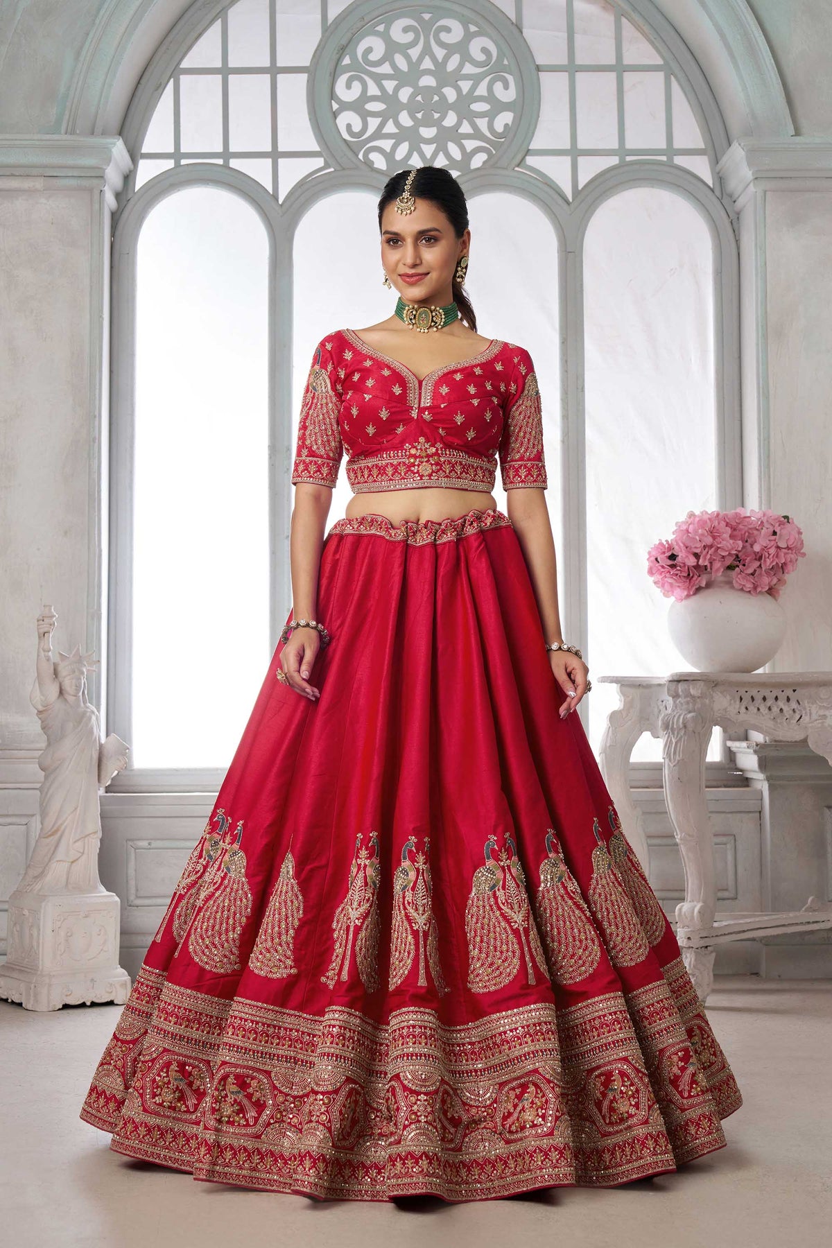 Red Silk Peacock Motifs & Pearl Work Bridal Lehenga