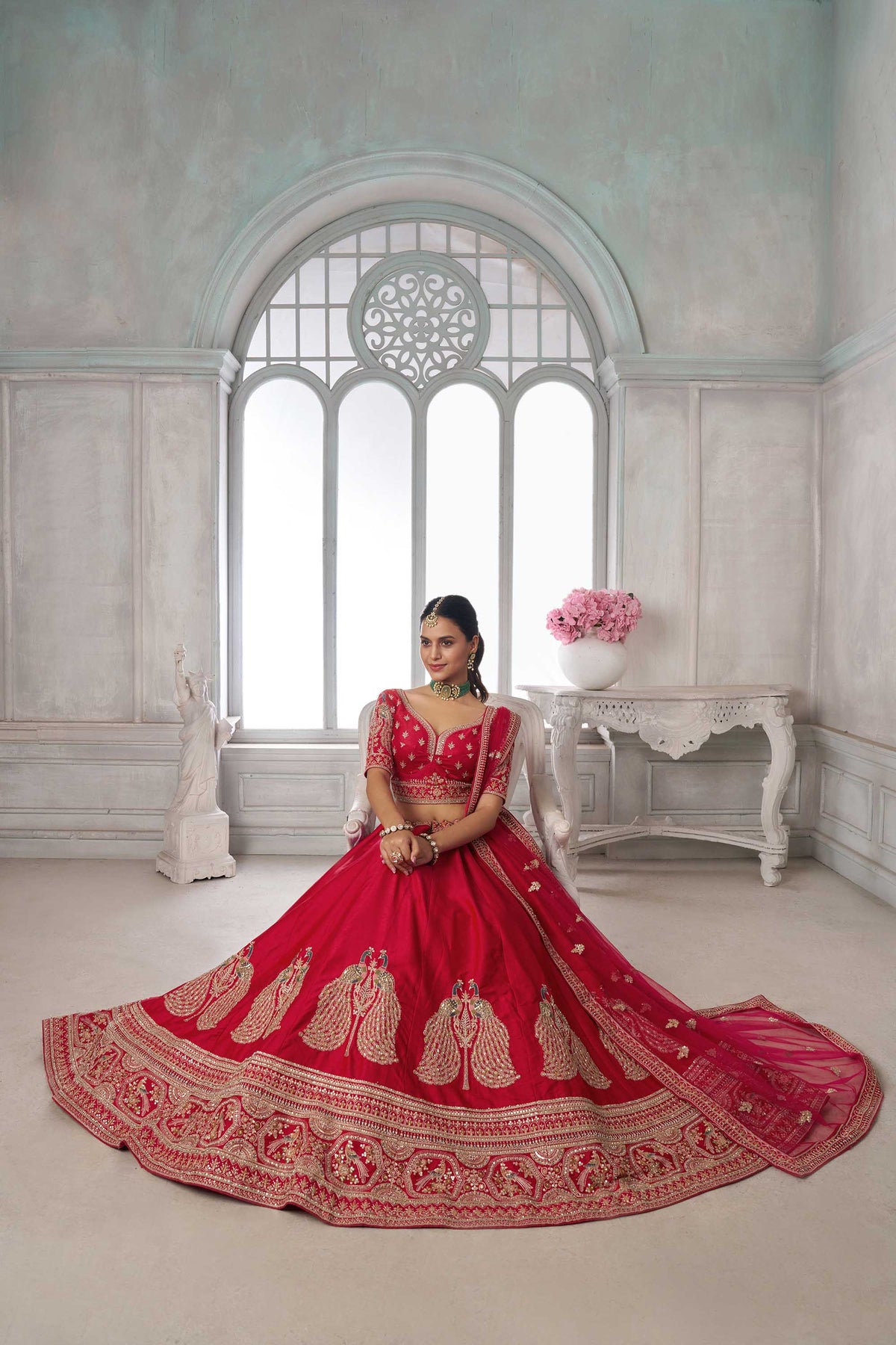 Red Silk Peacock Motifs & Pearl Work Bridal Lehenga