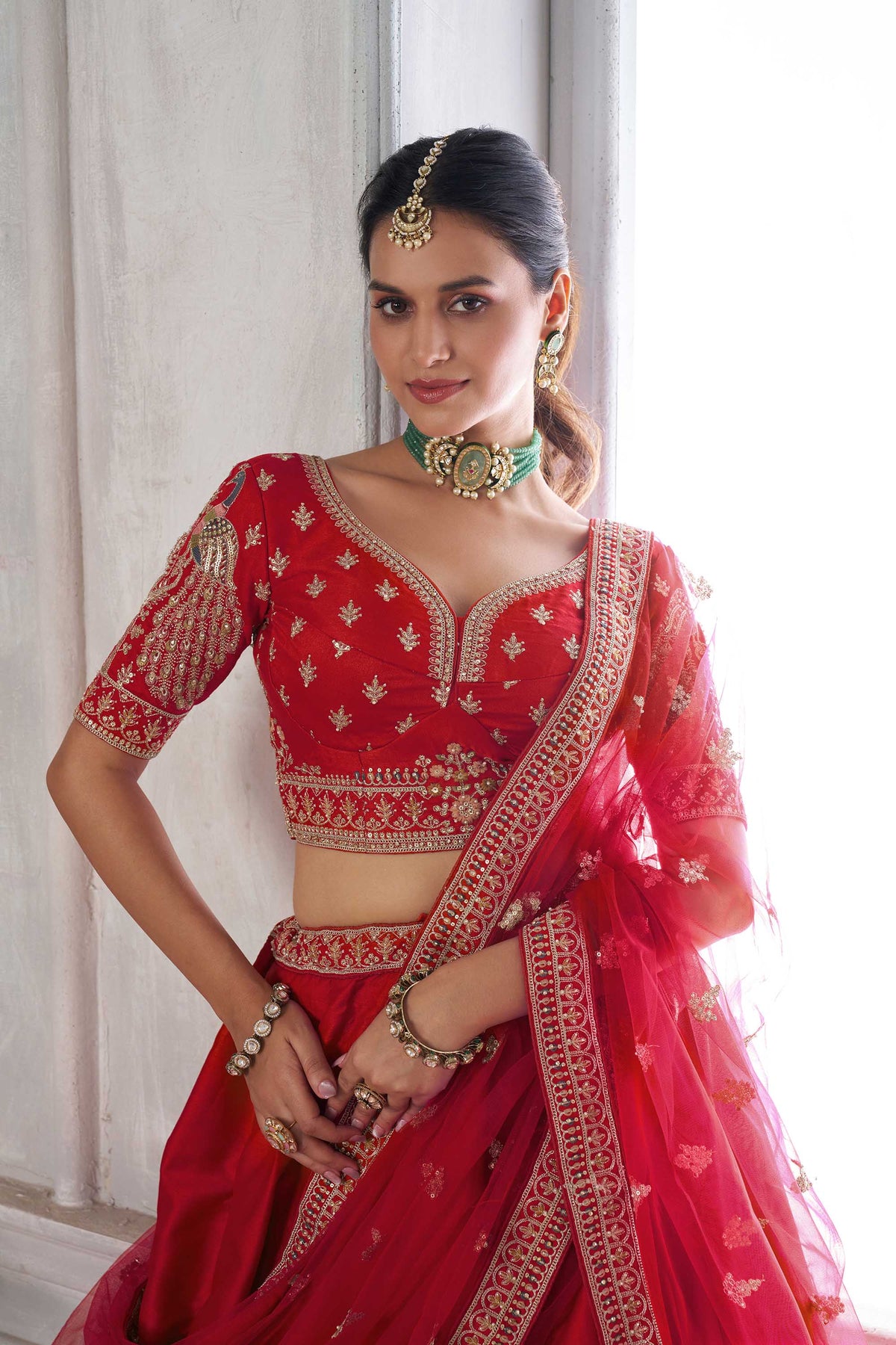 Red Silk Peacock Motifs & Pearl Work Bridal Lehenga