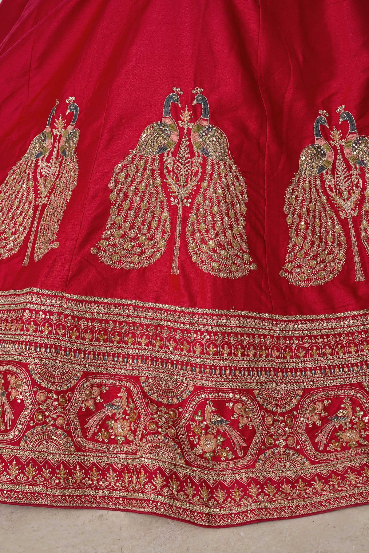 Red Silk Peacock Motifs & Pearl Work Bridal Lehenga