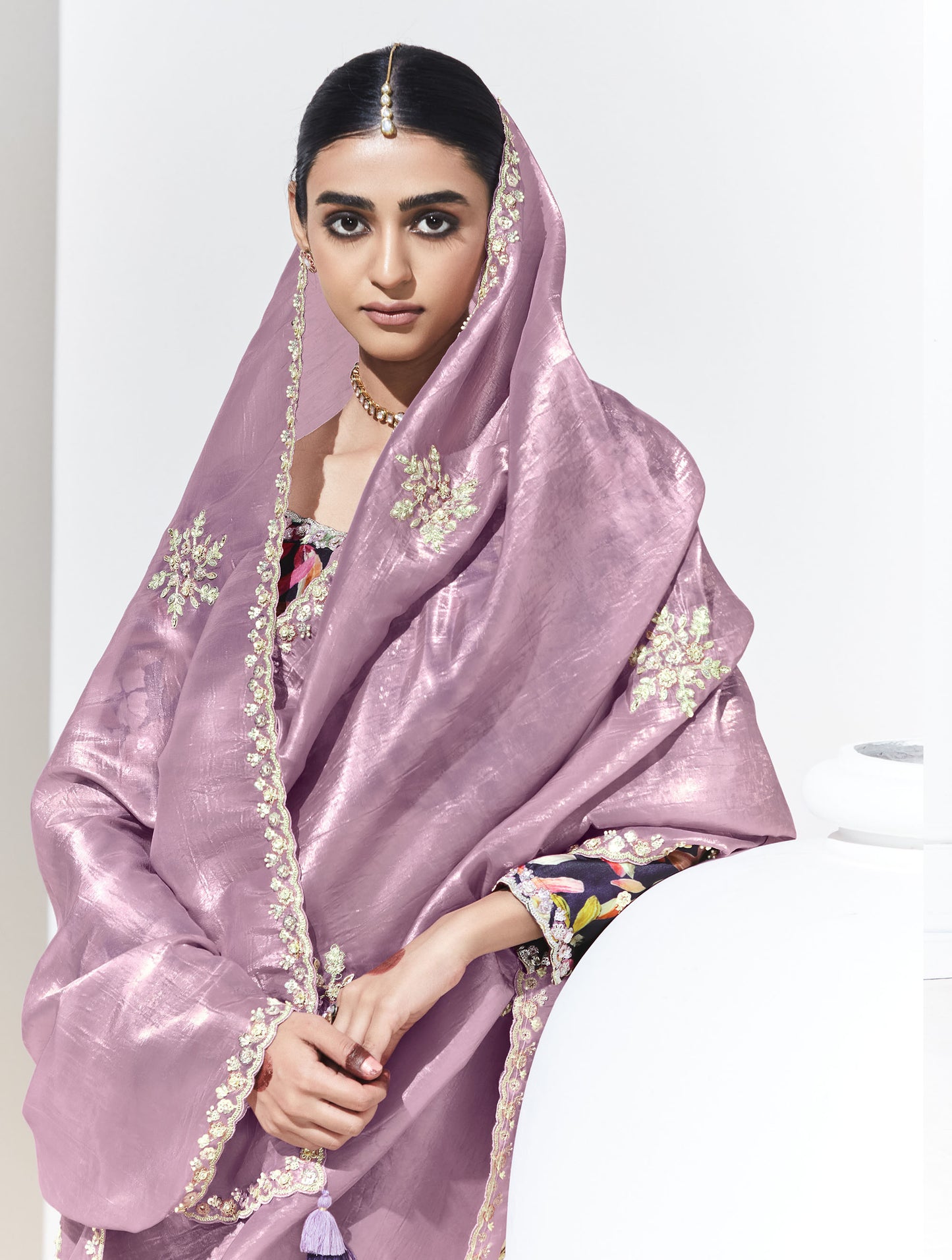 Lavender Glass Tissue & organza Sequnis & Dhaga Embroidered Designer Sangeet Saree