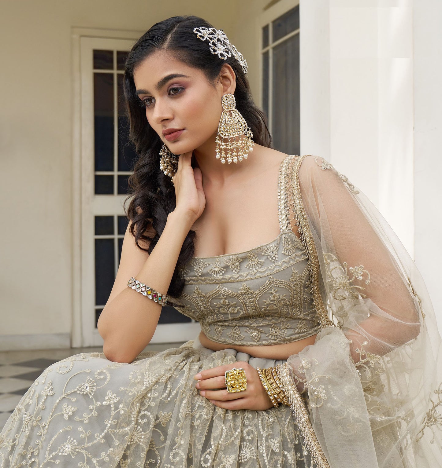 Ivory Butterfly Net Thread & Sequins Embroidered Bridesmaid Lehenga