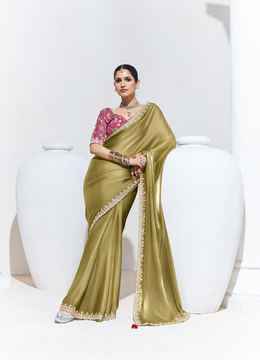 Mustard Green Glass Tissue & organza Sequnis & Dhaga Embroidered Mehendi Saree