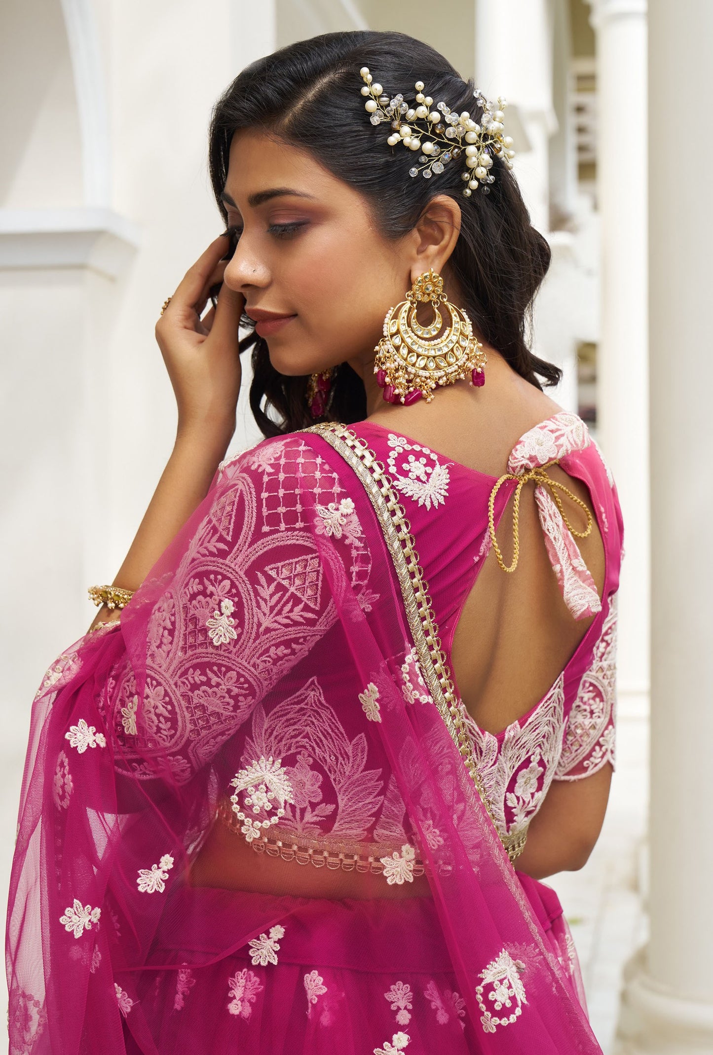 Royal Pink Butterfly Net Thread & Sequins Embroidered Sangeet Lehenga