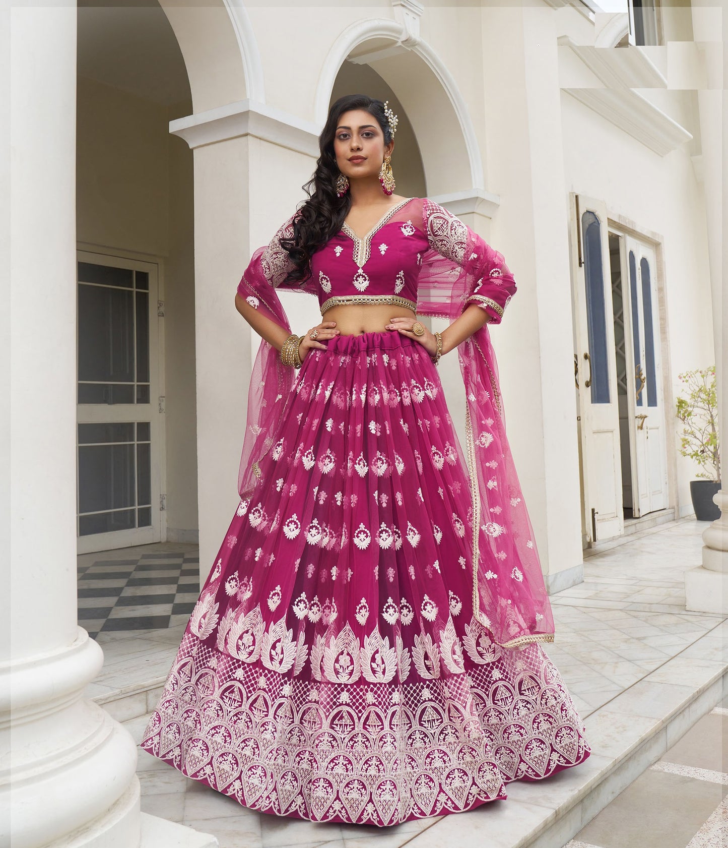 Royal Pink Butterfly Net Thread & Sequins Embroidered Sangeet Lehenga