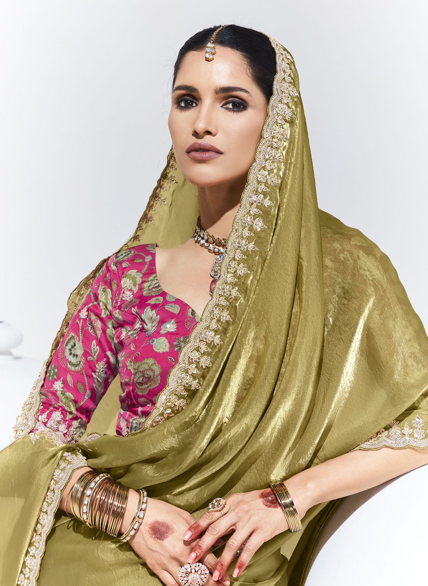 Mustard Green Glass Tissue & organza Sequnis & Dhaga Embroidered Mehendi Saree