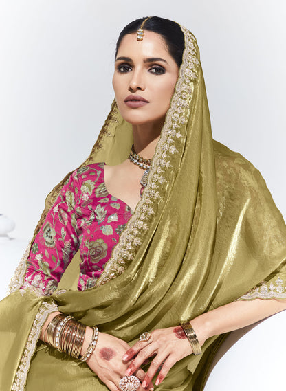 Mustard Green Glass Tissue & organza Sequnis & Dhaga Embroidered Mehendi Saree