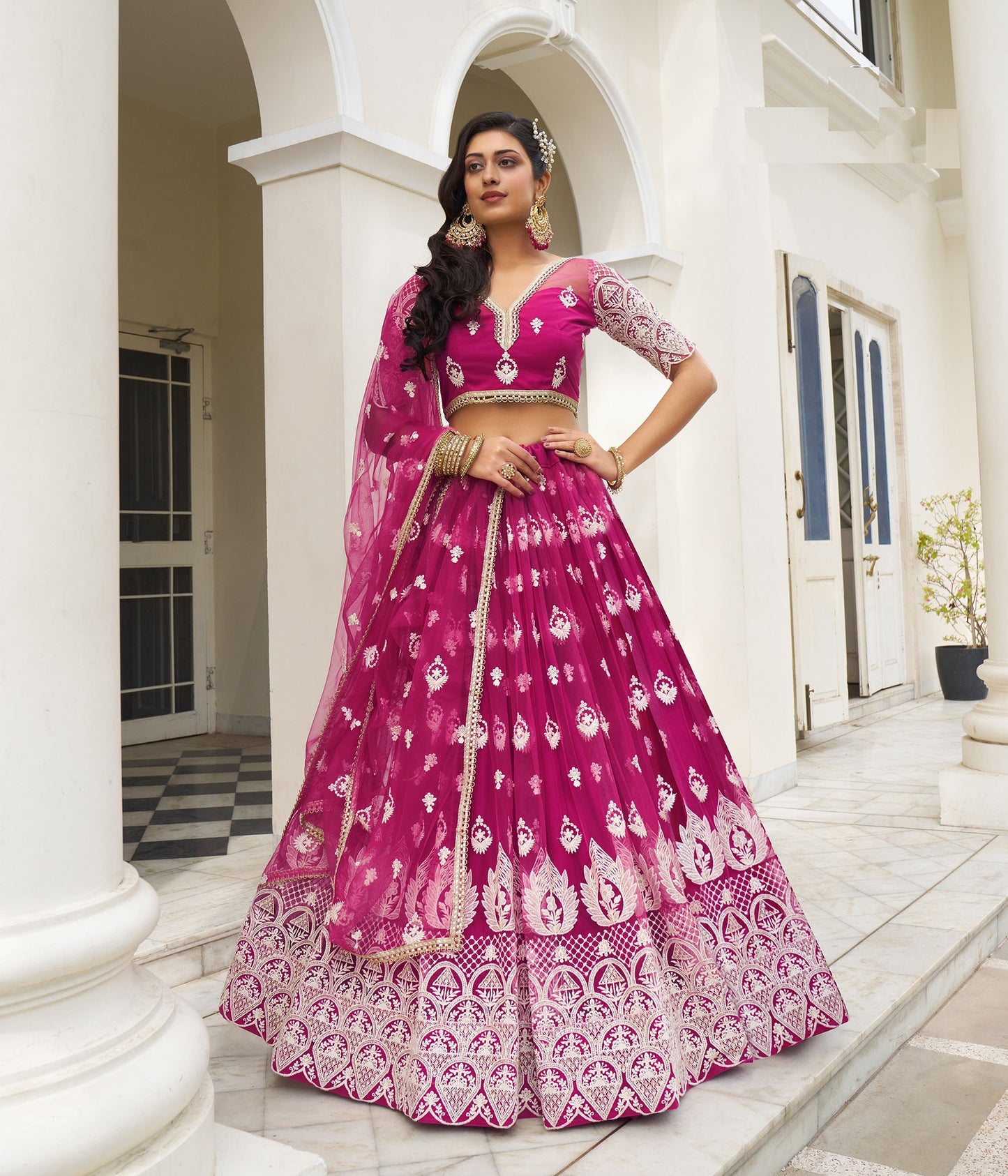 Royal Pink Butterfly Net Thread & Sequins Embroidered Sangeet Lehenga