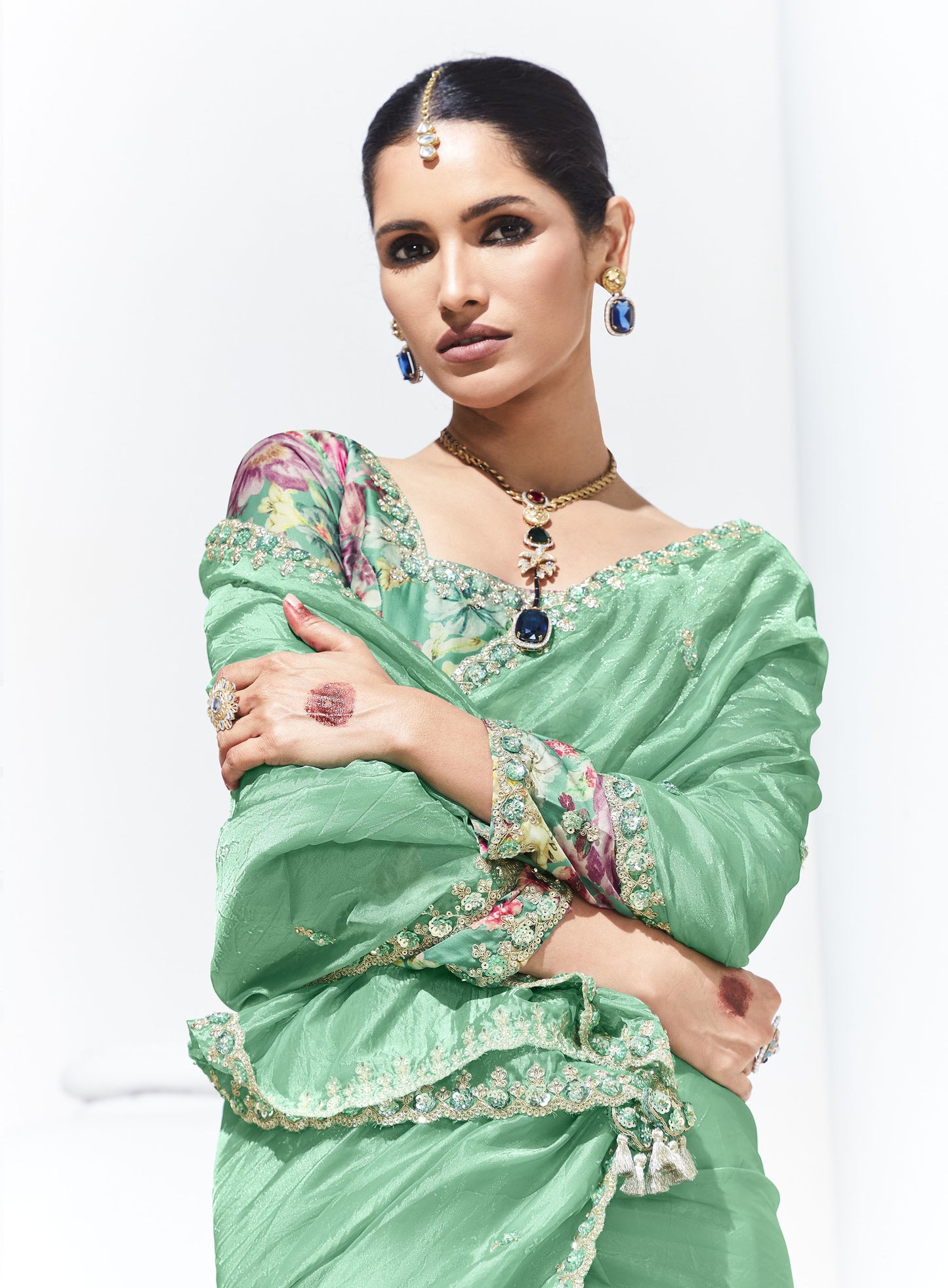 Pista Green Glass Tissue & organza Sequnis & Dhaga Embroidered Designer Saree