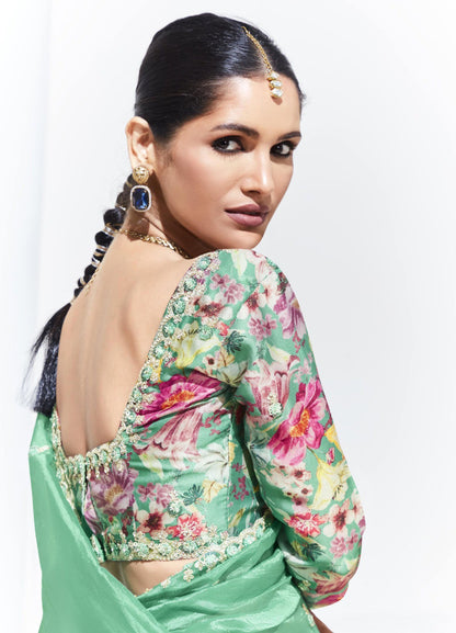 Pista Green Glass Tissue & organza Sequnis & Dhaga Embroidered Designer Saree