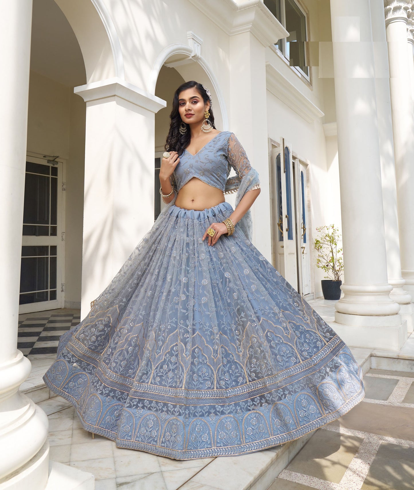 Blue Butterfly Net Thread & Sequins Embroidered Bridesmaid Lehenga