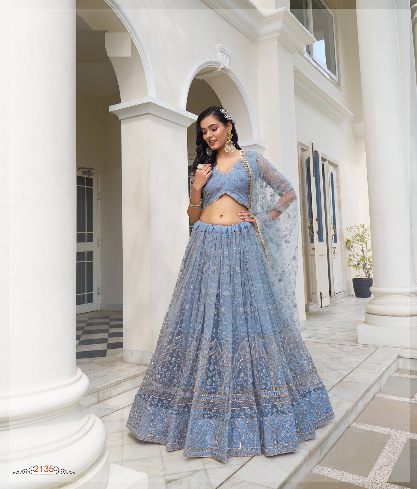 Blue Butterfly Net Thread & Sequins Embroidered Bridesmaid Lehenga