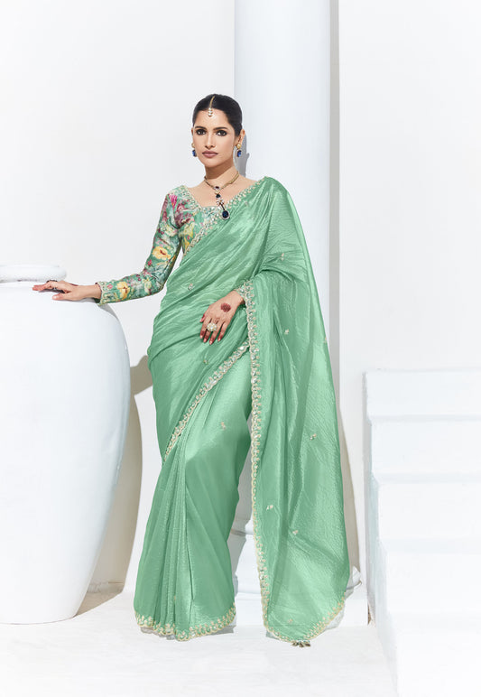 Pista Green Glass Tissue & organza Sequnis & Dhaga Embroidered Designer Saree