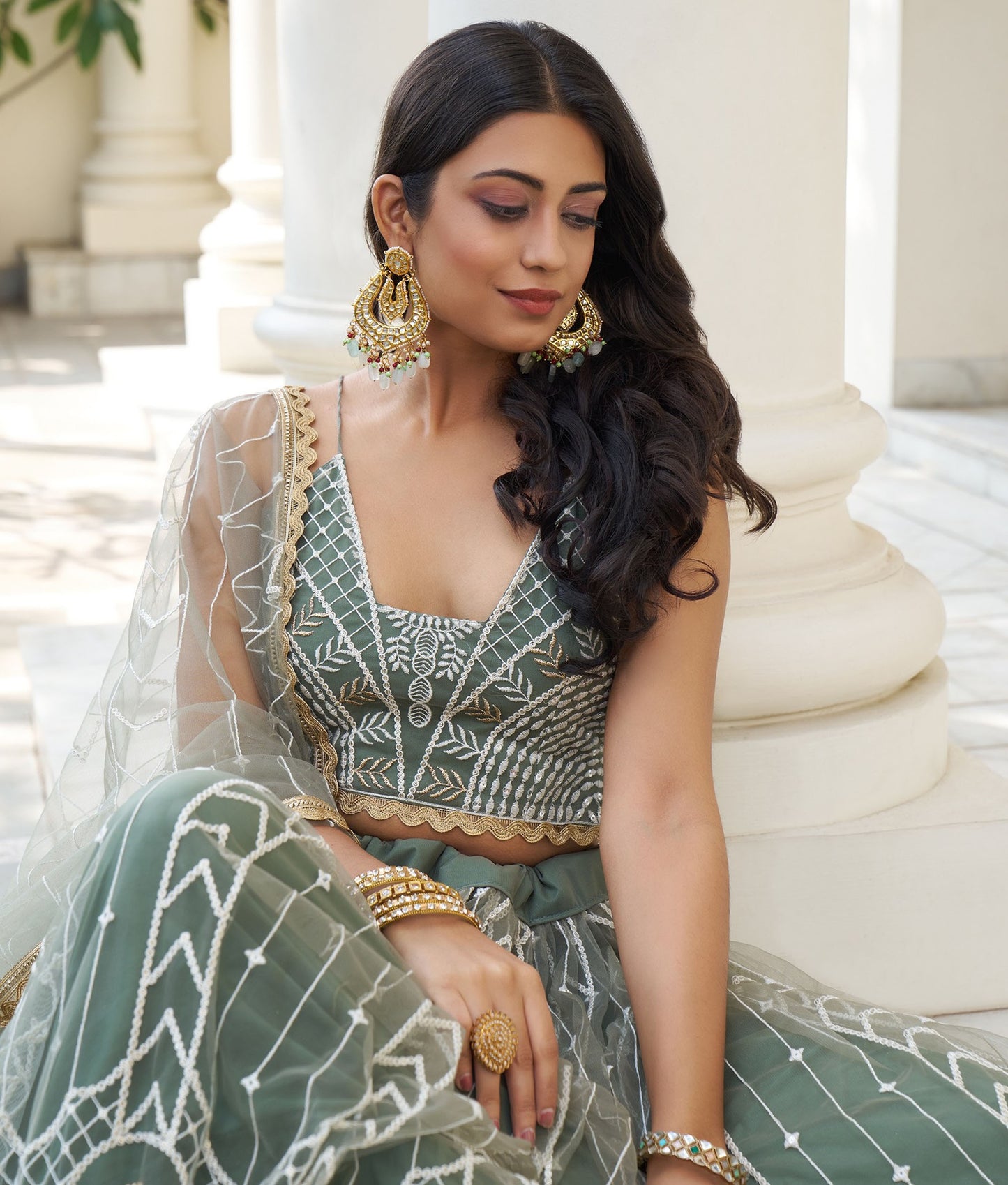 Light Green Butterfly Net Thread & Sequins Embroidered Mehendi Lehenga