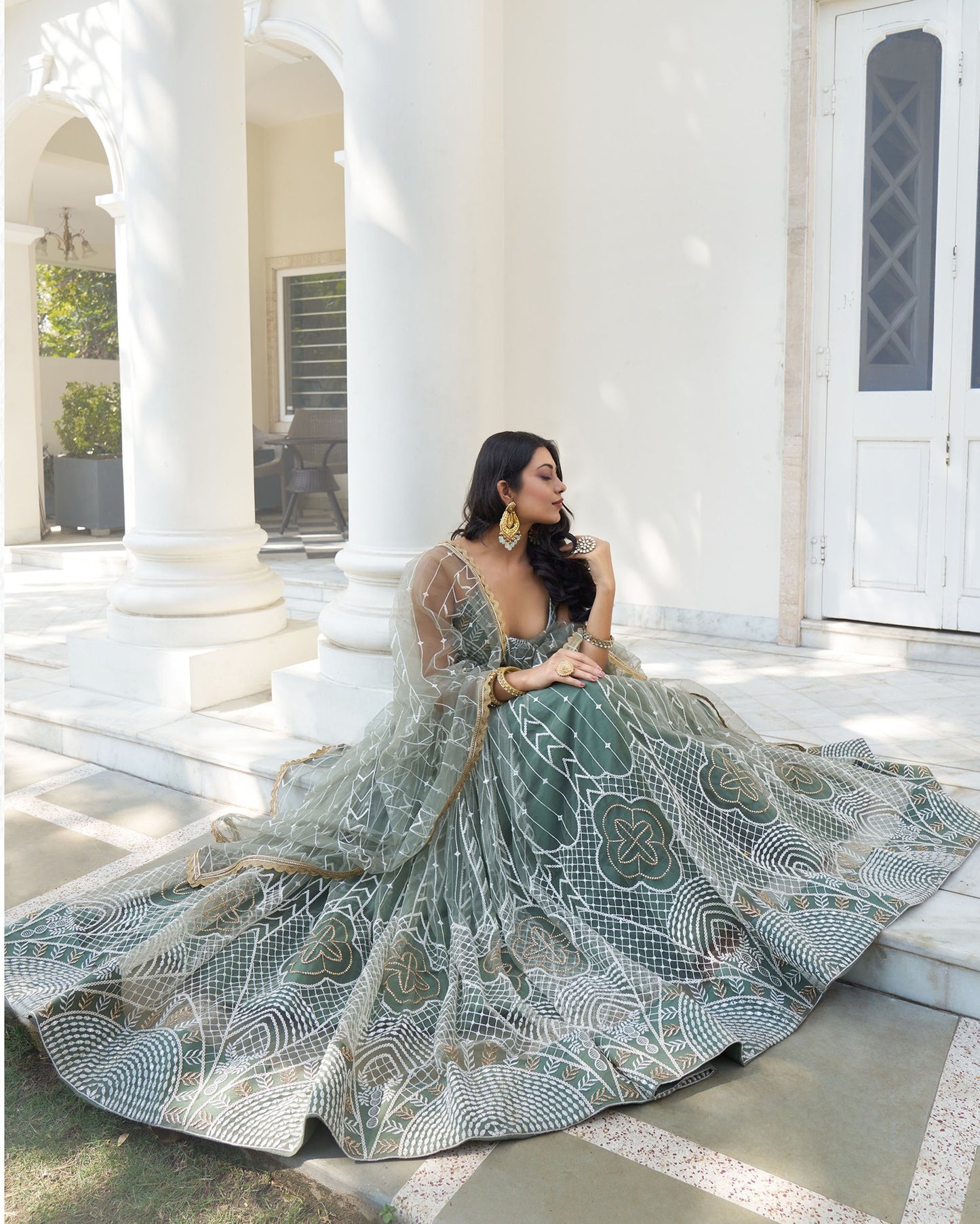Light Green Butterfly Net Thread & Sequins Embroidered Mehendi Lehenga