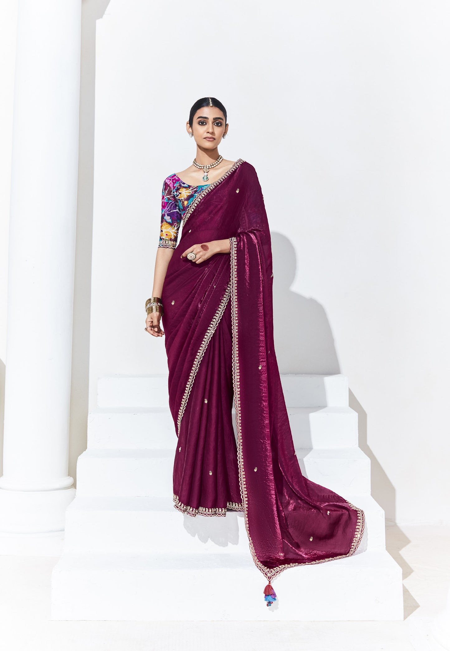 Maroon Glass Tissue & organza Sequnis & Dhaga Embroidered Designer  Saree