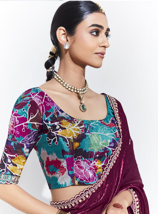 Maroon Glass Tissue & organza Sequnis & Dhaga Embroidered Designer  Saree