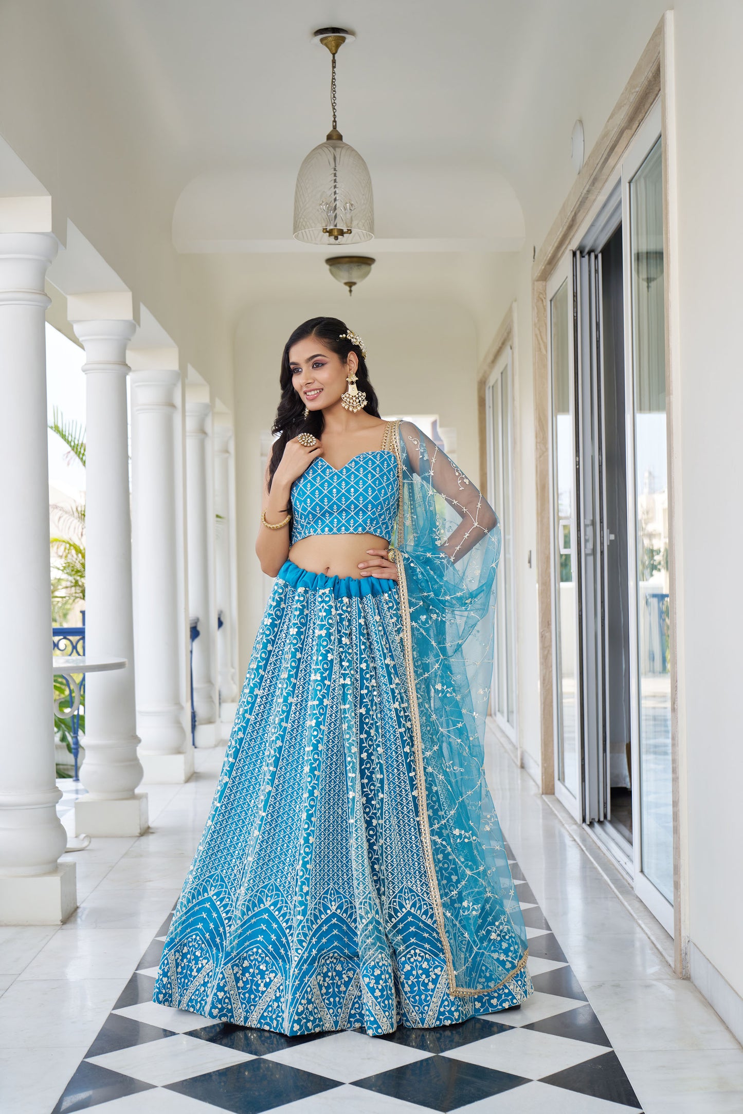 Sky Blue Dori & Sequins Embroidered Net Sangeet Lehenga