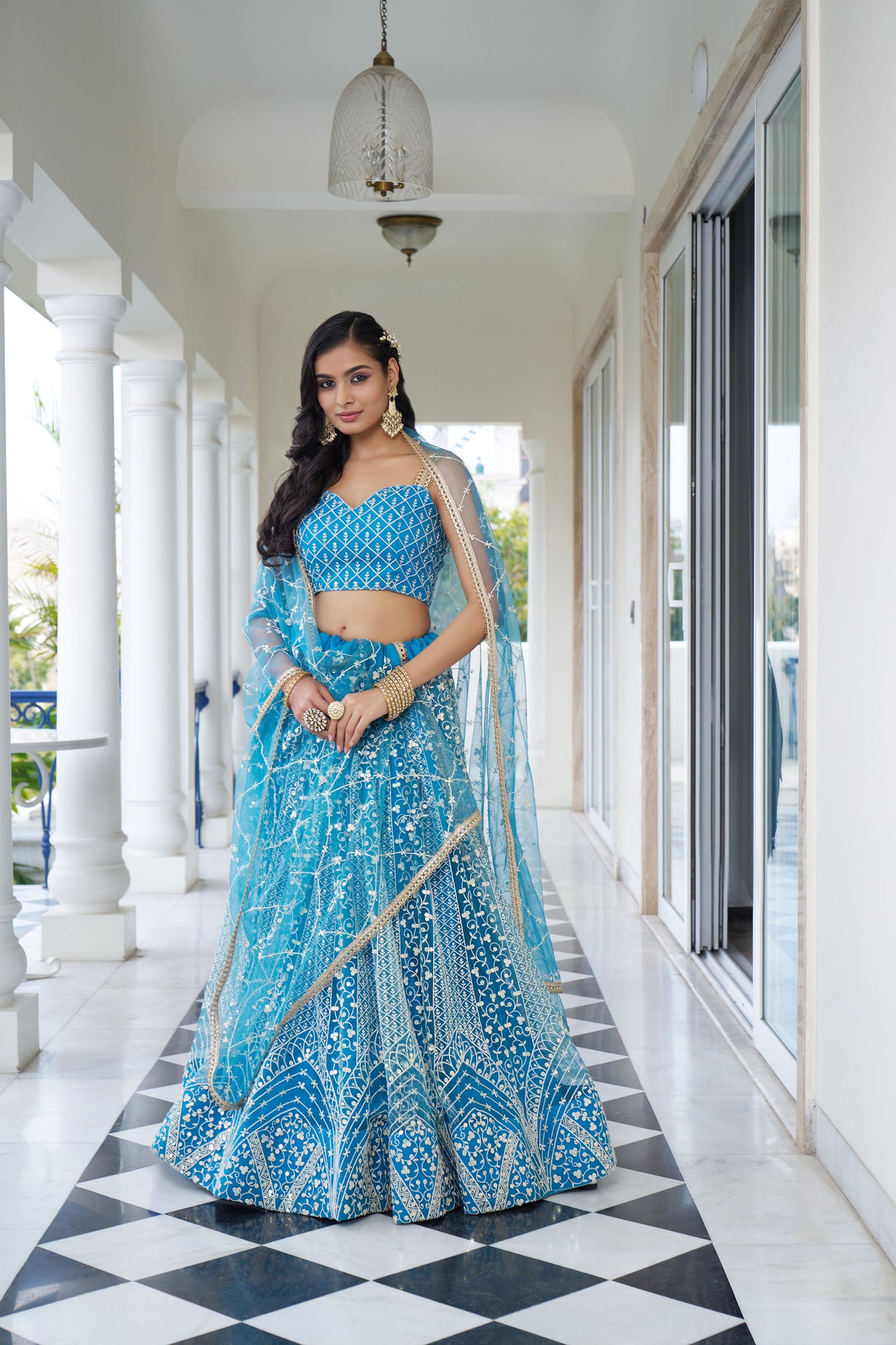 Sky Blue Dori & Sequins Embroidered Net Sangeet Lehenga