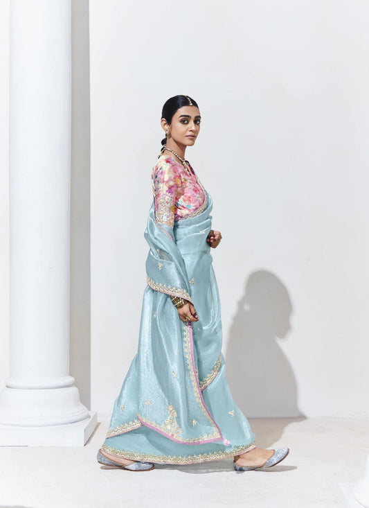 Sky Blue Glass Tissue & organza Sequnis & Dhaga Embroidered Designer Party Wear Saree