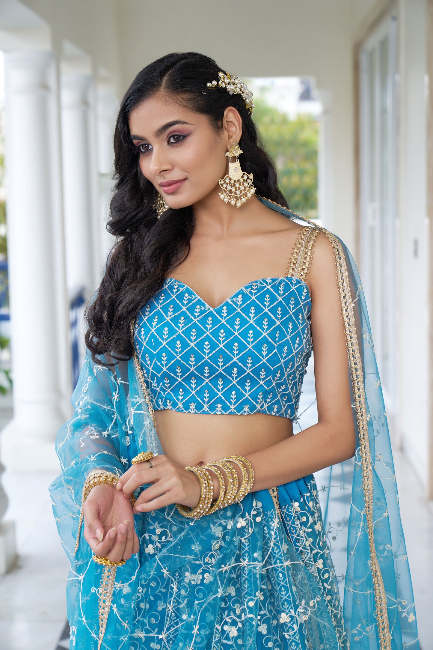 Sky Blue Dori & Sequins Embroidered Net Sangeet Lehenga