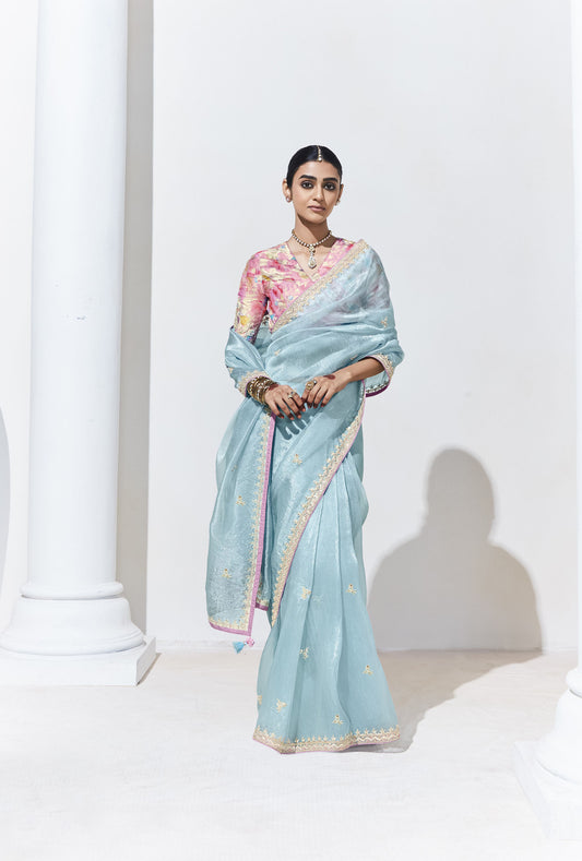 Sky Blue Glass Tissue & organza Sequnis & Dhaga Embroidered Designer Party Wear Saree
