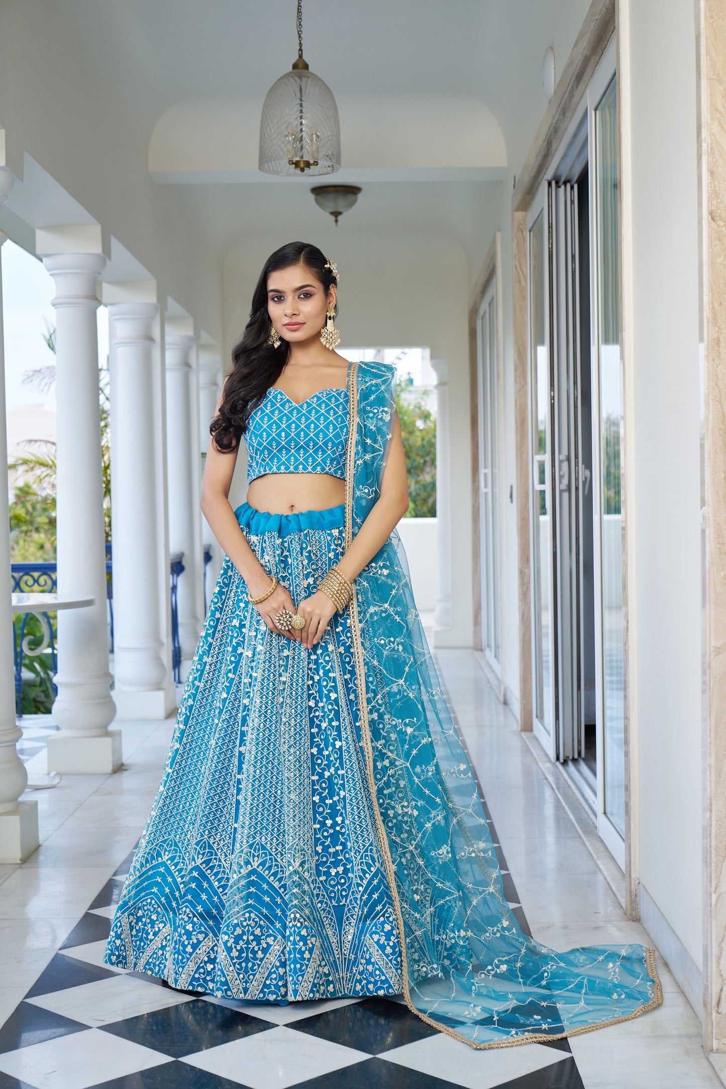 Sky Blue Dori & Sequins Embroidered Net Sangeet Lehenga